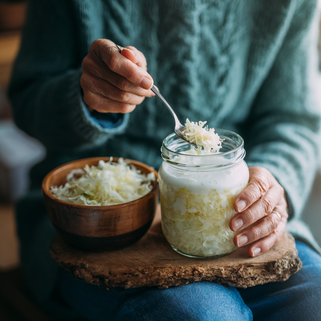 middle-aged person enjoying fermented foods like sauerkraut and kefir