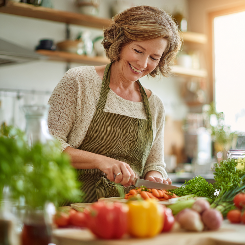 middle-aged woman preparing healthy vegetables in bright kitchen