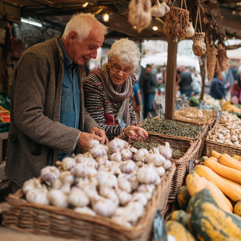 older adults shopping for fresh garlic and pumpkin seeds at local market